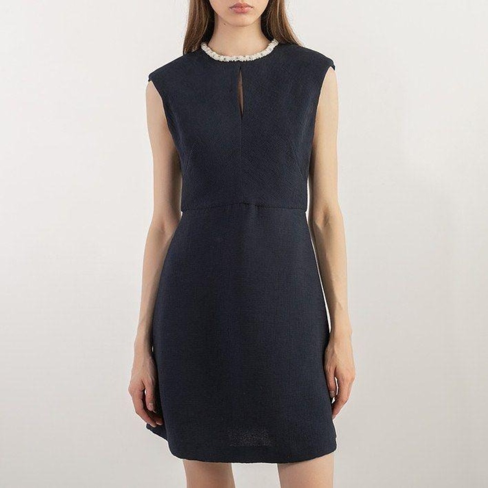 Sandro Paris Rosalie Embellished Neckline Sheath Mini Dress Navy Textured XS